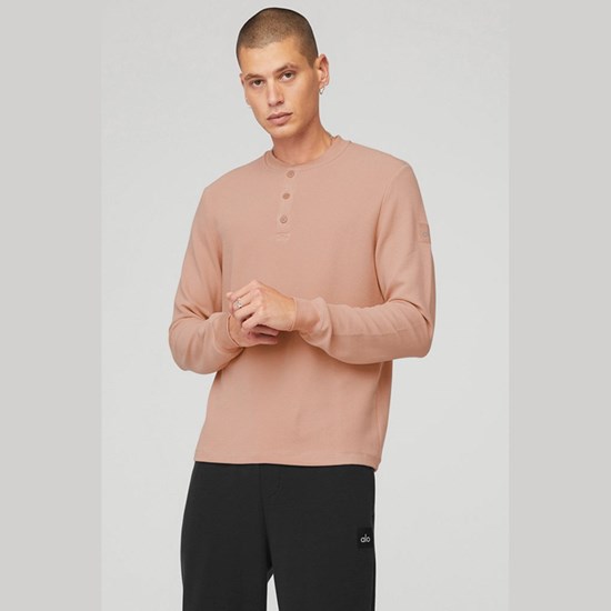 Camiseta Alo Yoga Micro Waffle Fast Break Henley Long Sleeve Hombre Rosas | 5946EKRHY