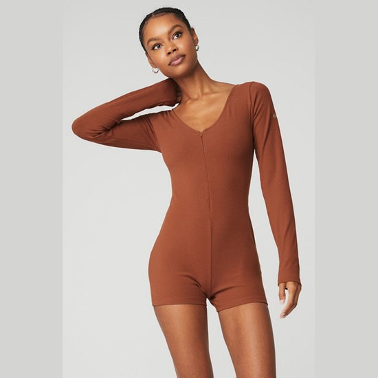 Onesie Alo Yoga Keep It Sleek Ribbed Onesie Mujer Marrom | 0269WPUZM