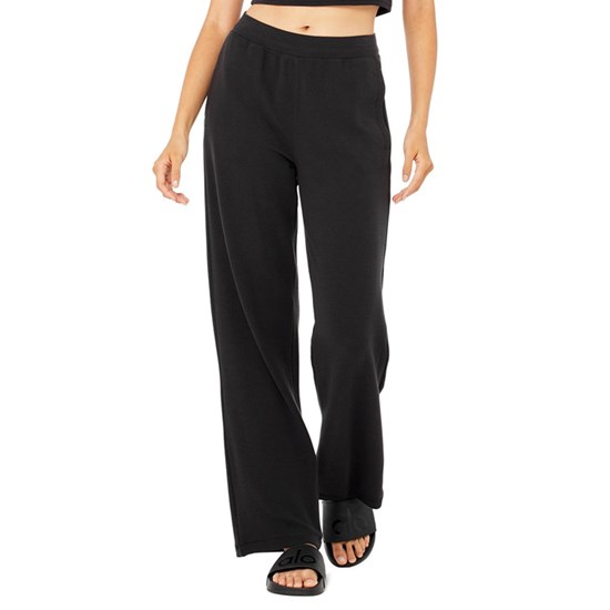 Pantalones Alo Yoga Micro Waffle High-Cintura Pleasant Anchos Leg Mujer Negros | 9103LMXFD