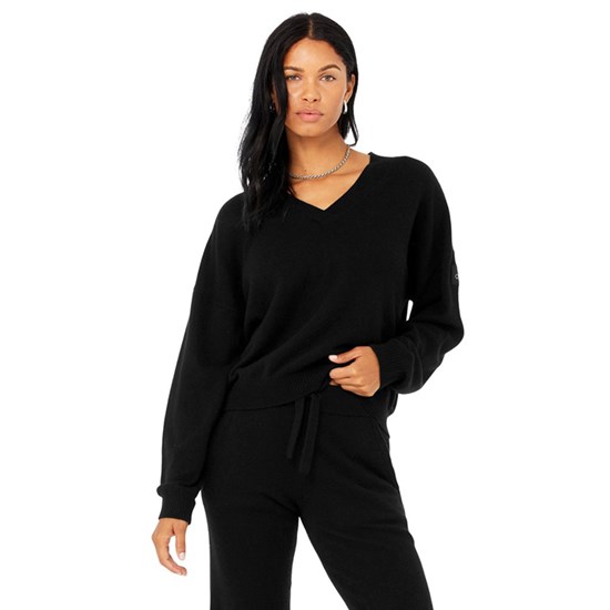 Pullover Alo Yoga Cashmere Jet Set V-Neck Mujer Negros | 8734KRPXL