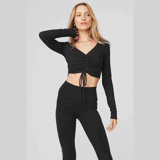 Ropa Alo Yoga Ribbed Cinch Cropped Long Sleeve Mujer Negros | 3051ATHGU