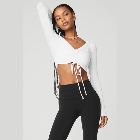 Ropa Alo Yoga Ribbed Cinch Cropped Long Sleeve Mujer Blancos | 6814JRTBE