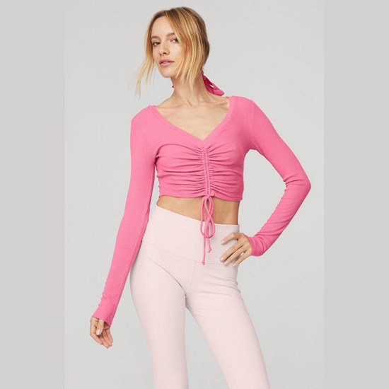 Ropa Alo Yoga Ribbed Cinch Cropped Long Sleeve Mujer Rosas | 7068TESFI