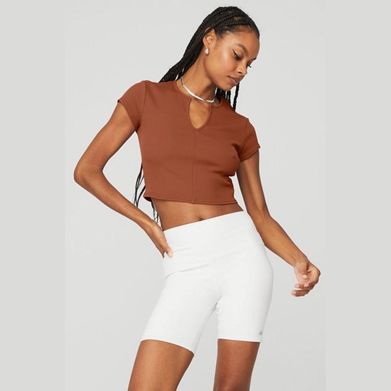 Ropa Alo Yoga Ribbed Cropped Savvy Corta Sleeve Mujer Marrom | 5304QRLAF