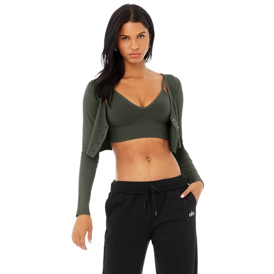 Ropa Alo Yoga Ribbed Cropped Whisper Cardigan Mujer Verdes | 3920DRANO