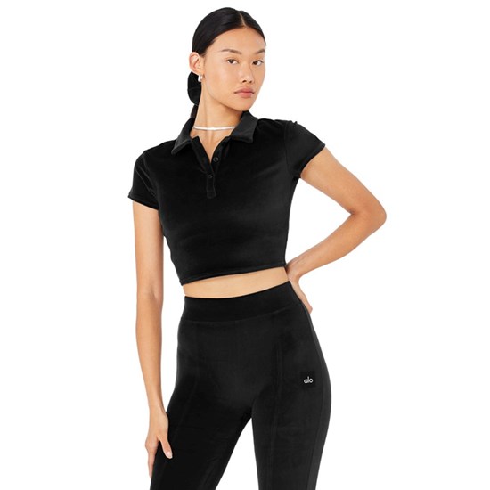 Ropa Alo Yoga Velour Choice Polo Corta Sleeve Mujer Negros | 7069YBZFD