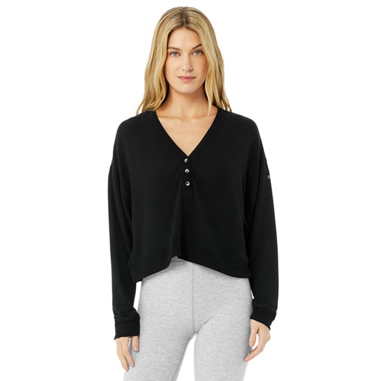 Sweatshirt Alo Yoga Alolux Soho Crop Henley Mujer Negros | 8674CJSNV