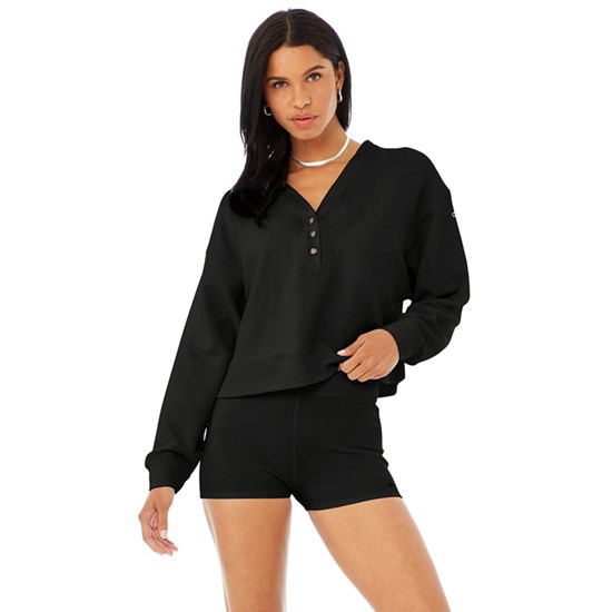 Sweatshirt Alo Yoga Micro Waffle Pleasant Cropped Henley Mujer Negros | 4360FMZEW